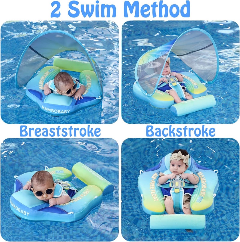 AnjeeIOT Mambobaby Float with Canopy Baby Float Non-Inflatable Baby Pool Float Solid Swimming Float Upgraded Add Tail Never Flip Over for Infant 3-24 Months, Rainbow Green - Image 3